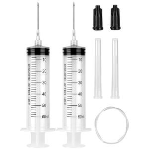 2 Pack 60ml Syringe with 55.1” Tube and Needle 16G 1.5”, Luer Lock Syringes with Cap for Fluid Suction Injector, Drawing Oil, Fluid, Water, Lab, Pets