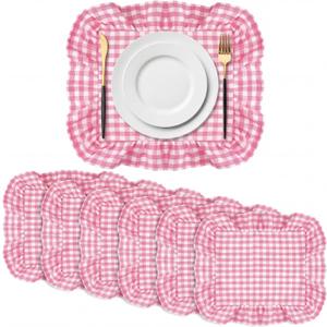6 Pcs Pink Placemats with Ruffle Gingham Rectangle 14 x 16 Inch Plaid Cotton Placemats Strawberry Party Supplies Spring Wedding Boho Baby Shower Mother's Day Decorative Table Mat Decoration
