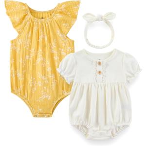 Baby Girl Bodysuit and Headband Outfit Cotton Ruffle Sleeveless Baby Clothes (0-3 Months, Beige+yellow Plant)