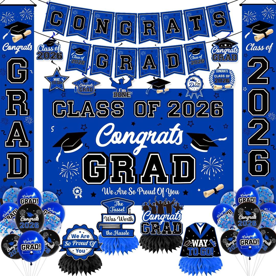 Graduation Decorations Blue Party Decor Set include Congrats Grad Banner Graduation Backdrop Class of 2026 Balloons Party Supplies