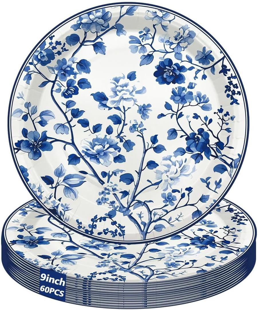 60 Pcs Floral Paper Plates Blue and White Flower 9 Inch Dinner Dessert Cake Paper Plates Disposable Floral Tableware for Wedding Bridal Baby Shower Birthday Decorations Supplies Favors