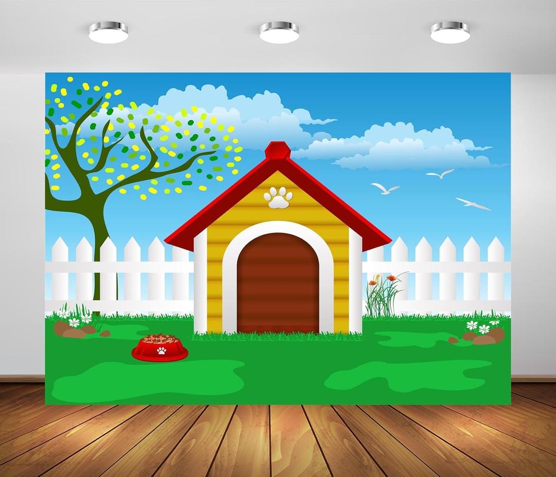 BELECO 8x6ft Fabric Cartoon Pets House Backdrop Doghouse Puppy Dog Cat Party Decorations White Fence Green Grassland Blue Sky Background Pets Theme Party Supplies Banner Birthday Shooting Photo Props (N5-a50718)