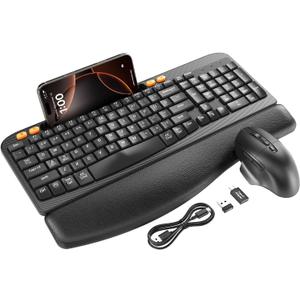 Wireless Keyboard and Mouse Combo, Ergonomic Wave Keys, Cushioned Palm Rest, Rechargeable, Phone Holder, Natural Typing, 2.4G Lag-Free, Full Size Keyboards Cordless Set for Windows/Mac -SABLUTE