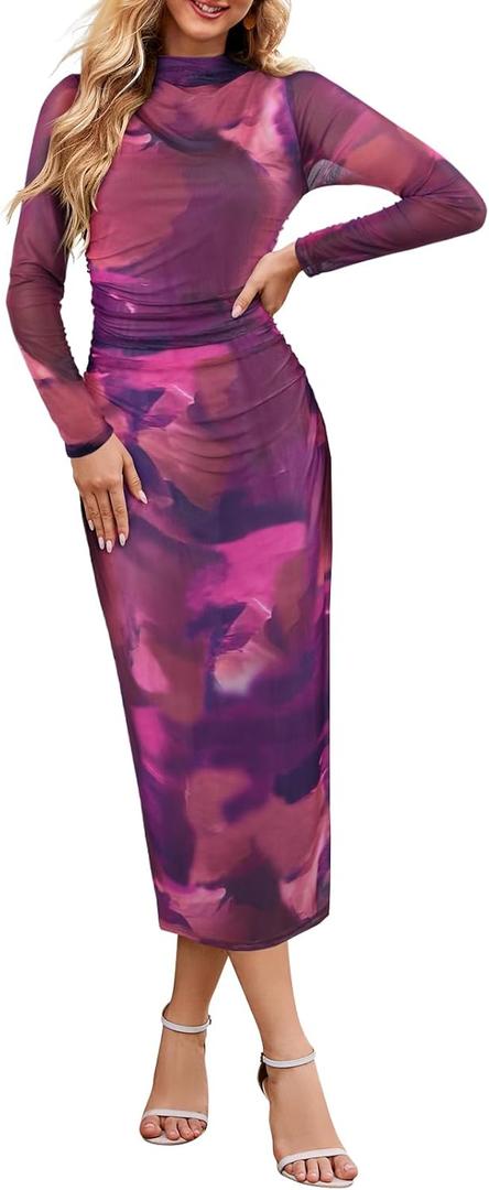 MEROKEETY Women's 2024 Long Sleeve Tie Dye Dress Bodycon Mock Neck Mesh Ruched Cocktail Maxi Dresses (Medium, Plum)