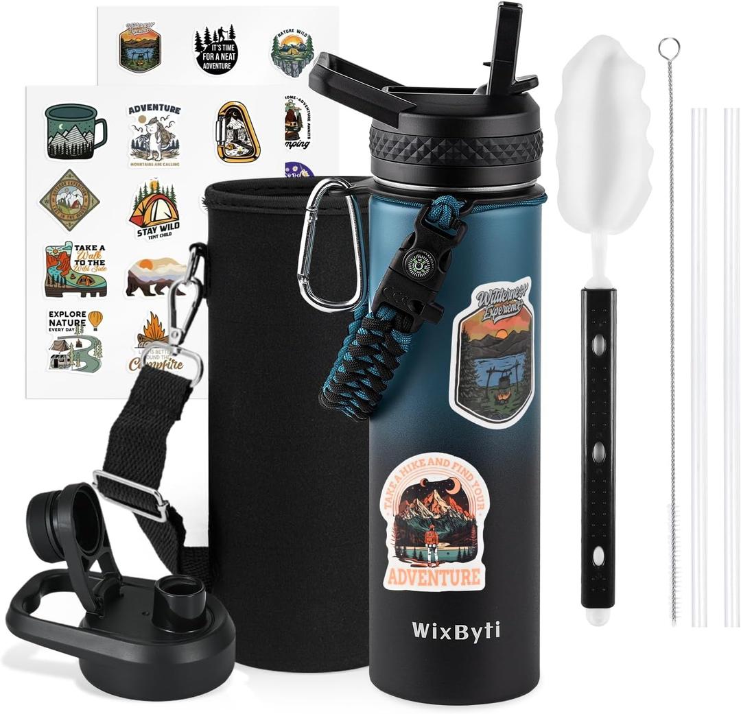 20 oz Insulated Water Bottle with Straw (Cold for 48 Hrs), Stainless Steel Triple Wall Vacuum Sports Water Jug, Leakproof Hydro Cup Flask with Paracord Handle & Straw Spout Lids & DIY Stickers (Blue/Black Gradient)