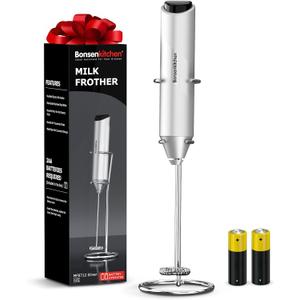 Bonsenkitchen Powerful Milk Frother with Stand for Coffee, Fast Handheld Drink Mixer with Stainless Steel Whisk, Battery Operated Hand Frother Stirrer Wand-Silver (Compact)