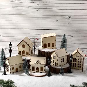 Pinkunn 19 Pcs DIY Christmas Village Set Mini Wooden Village House Crafts Gift Decoration for Winter Xmas Party Tabletop Mantel Desk Shelf