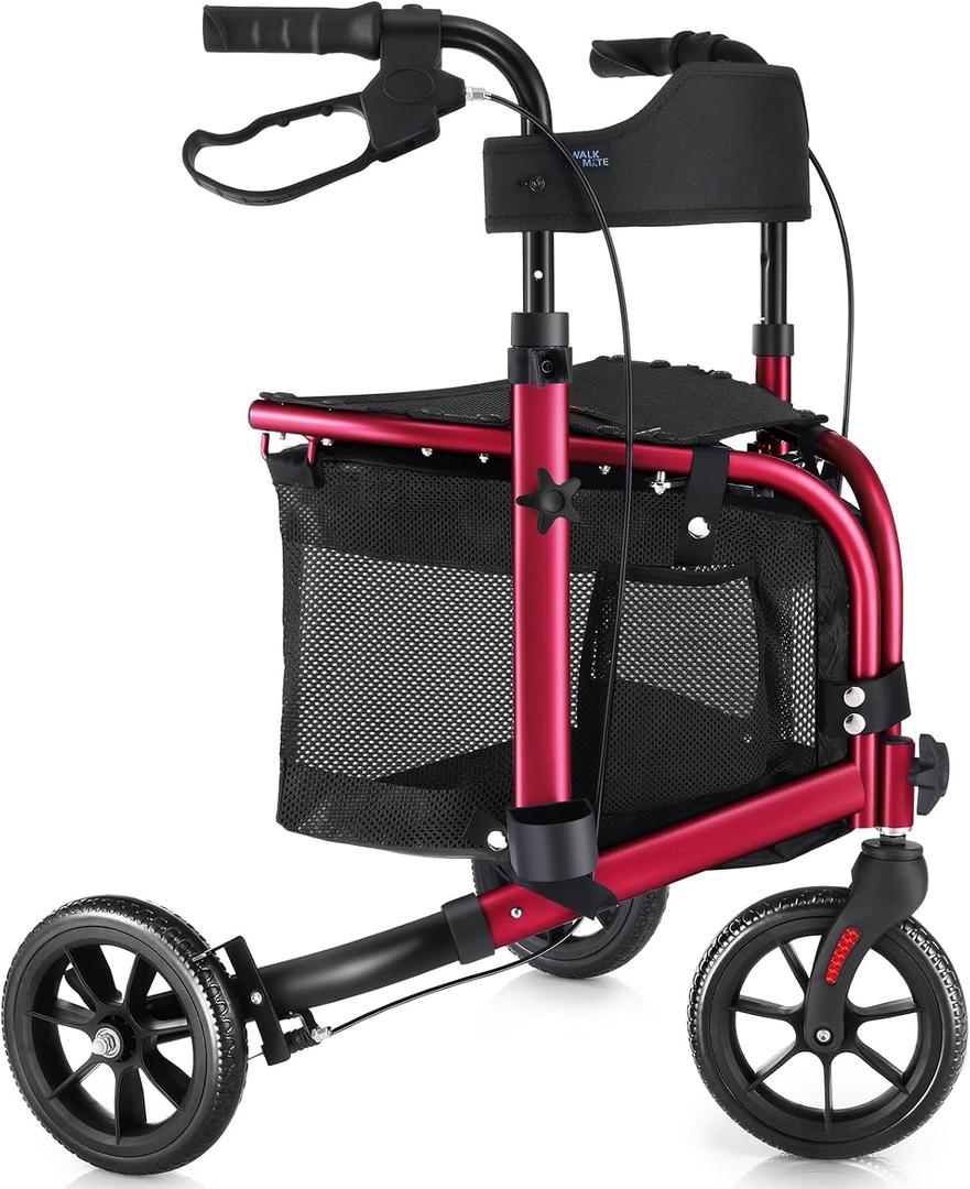 Walk Mate 3 Wheel Rollator Walker with Seat for Slim Seniors
Backrest Lightweight Foldable Travel Walker Ideal for Elderly, 8 Inch Tri-Wheel Modern Mobility Walking Aid Aluminum, Red