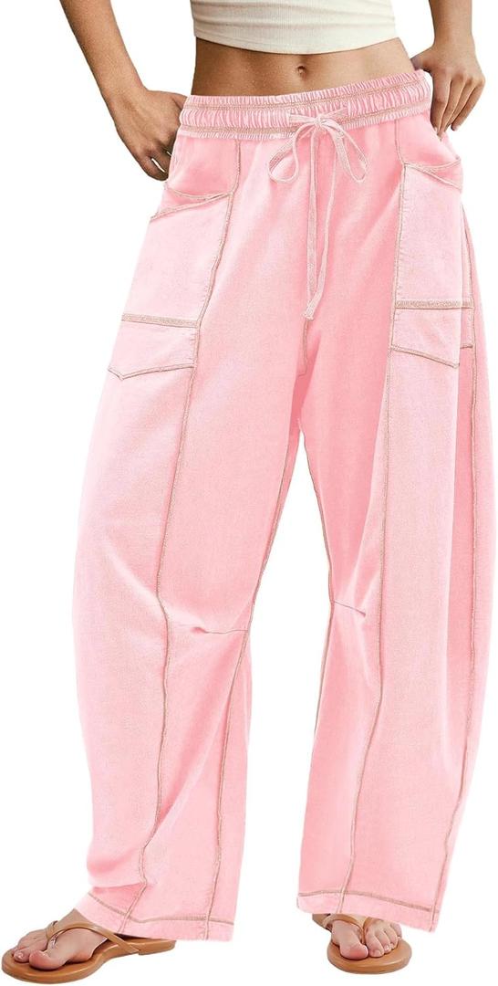 ReachMe Womens Barrel Sweatpants Baggy Wide Leg Lounge Pants Summer Travel Pants Beach Vacation Outfits (X-Large, Pink)