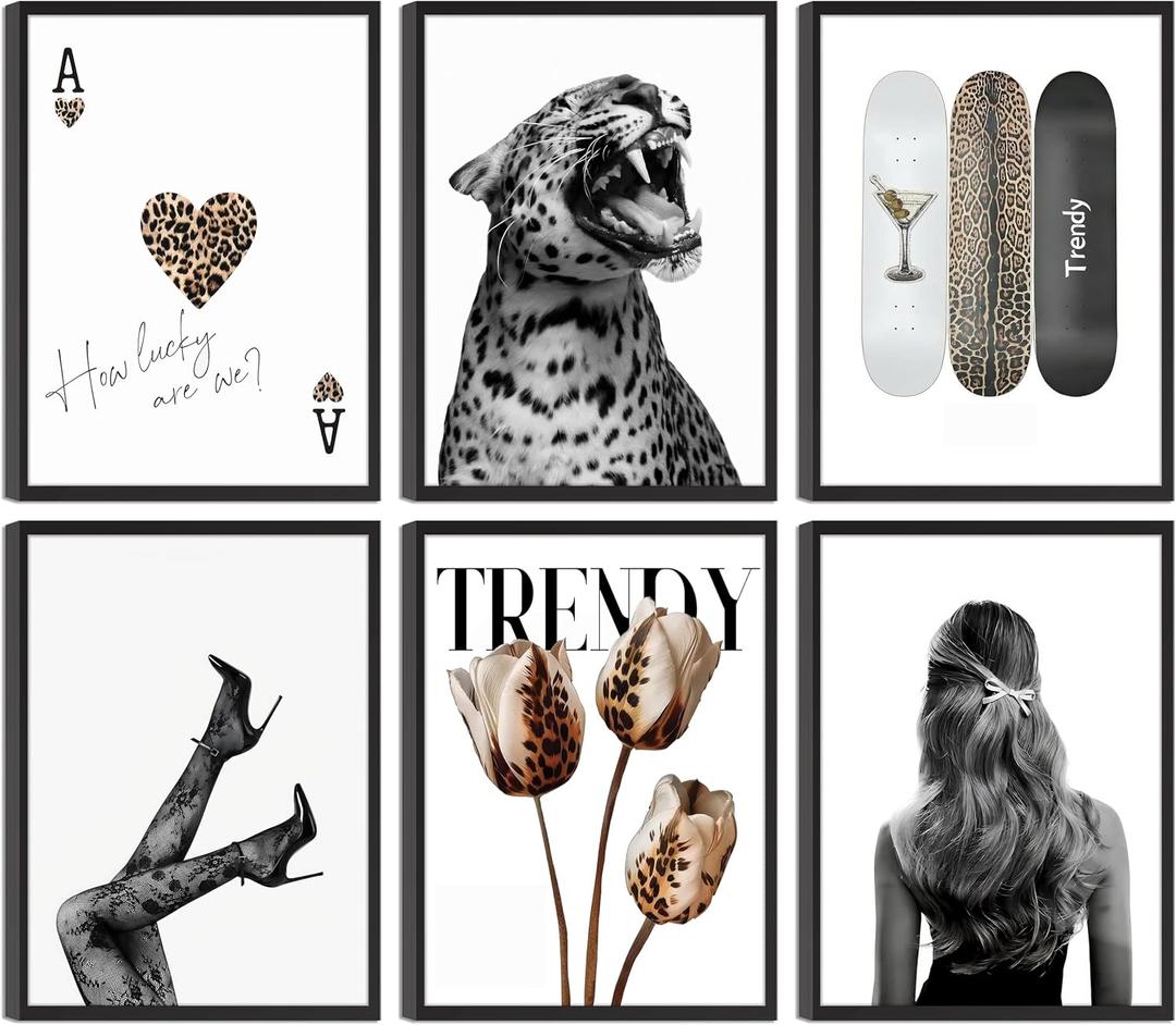 6Pcs Trendy Leopard Wall Art Funky Preppy Cheetah Paintings Pictures Wall Decor Stockholm Preppy Leopard Posters Print Artwork for Girls Bedroom Apartment Dorm Home Decoration Unframed