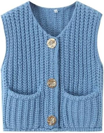 Women Crochet Knit Sweater Vest Button Up Cropped Casual Sleeveless Vest Fashion Vintage Cardigan with Pocket, Size XL