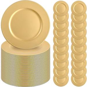 50 Pcs Gold Charger Plates 13" Round Charger Plates Bulk Beaded Chargers for Dinner Plates Decorative Gold Charger Plastic Charger Plates for Wedding Party Event Baby Bridal Shower Table Decoration