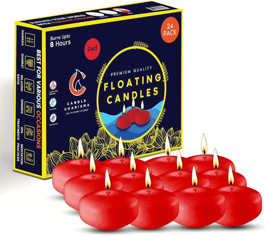 Candle Charisma Red Floating Candles 3 Inch (Set of 24)  8-Hour Dripless, Smokeless Burn with Natural Flickering Flame  Perfect for Weddings, Centerpieces, Pool Nights & Special Events