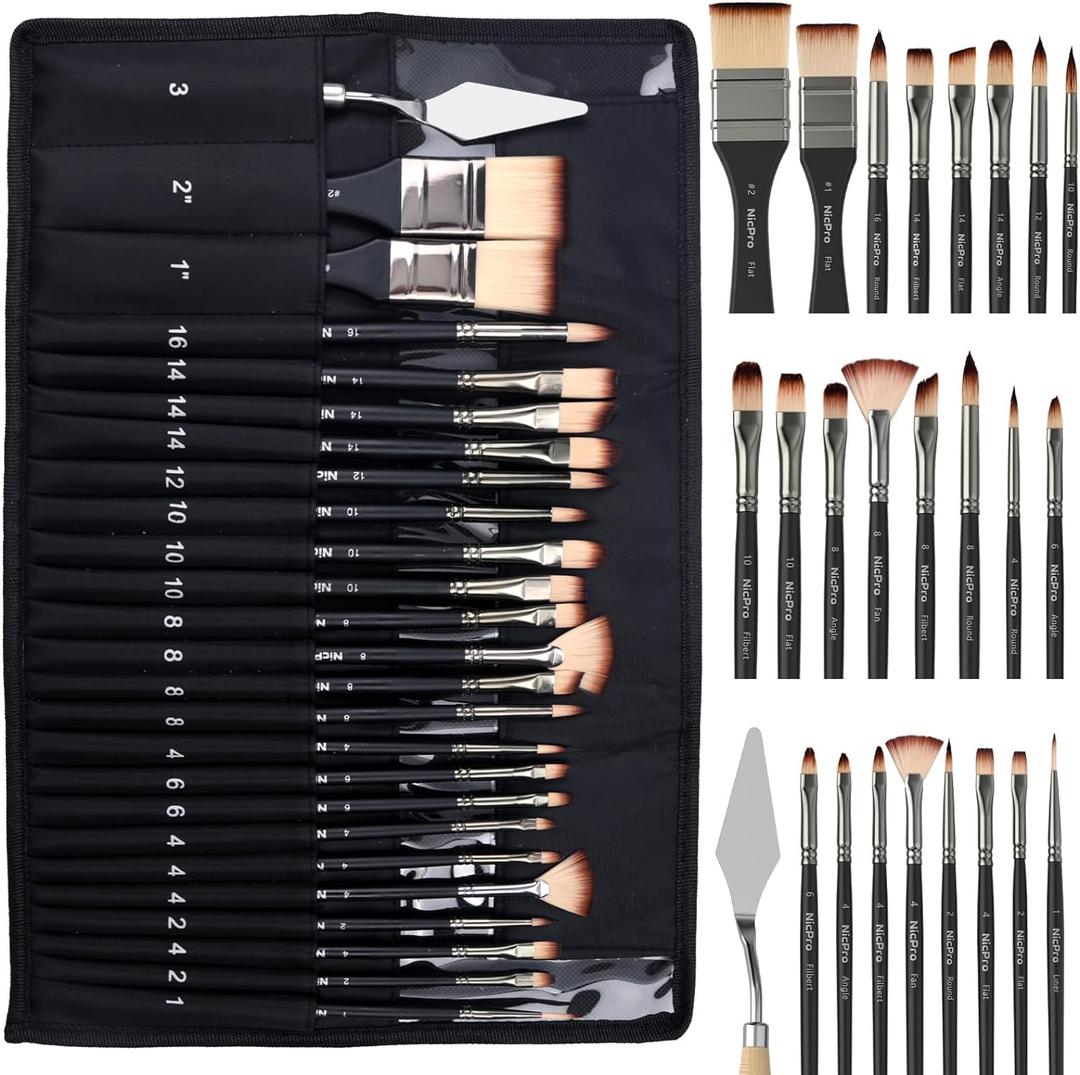 Nicpro 26pcs Paint Brush Set, Professional Paintbrushes with Palette Knife, Craft Paint Brushes for Acrylic Painting, Oil, Watercolor, Gouache & Canvas, Drawing & Art Supplies for Adults, Kids Artists (Black)