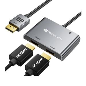 Reborn DisplayPort to Dual HDMI Adapter 4K@60Hz Display Port to HDMI 1 in 2 Out Splitter for Dual Monitor Extended Display, DP Source Adapter with PC, Graphics Card, HP and More