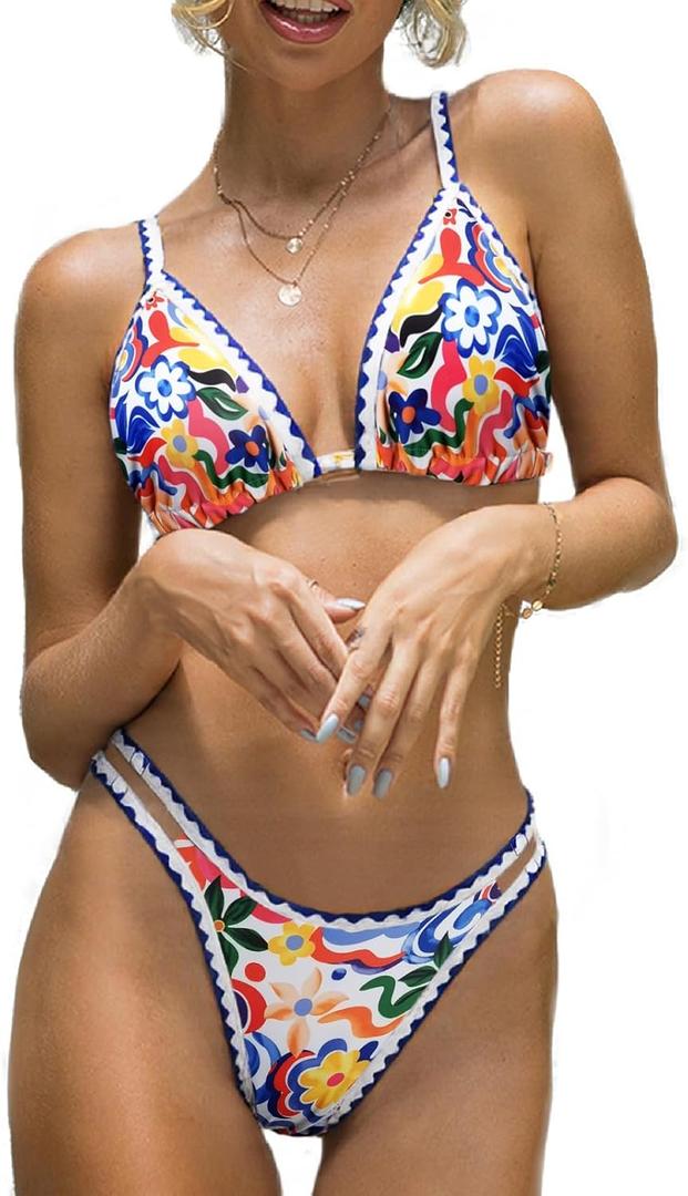 BIKINX Womens Swimsuits Sexy Thong Micro Bikini Ditsy Floral Two Piece Sets Bathing Suit Color Block Bandeau Swim Top, L