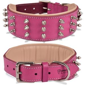 Spiked Leather Dog Collar 2" Wide Full Grain Bridle Leather, Heavy Duty, Padded & Adjustable - for Large Breeds (L (Fit Neck 18.5"-22.5"), Pink with Silver Spikes)