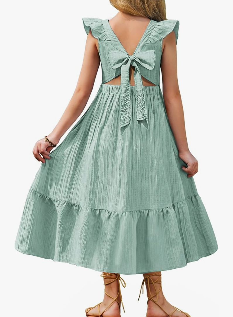 Arshiner Girls Summer Tie Back Dress Tween Boho Casual Square Neck Flutter Sleeve Maxi Dresses with Pockets, Size 6