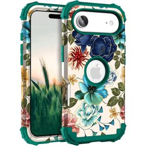 Hocase Heavy Duty Case for iPhone Air 6.5"", Teal Flowers | Shockproof Protection Soft Silicone Rubber+Hard Plastic Bumpers Hybrid Protective Case for Women & Girls