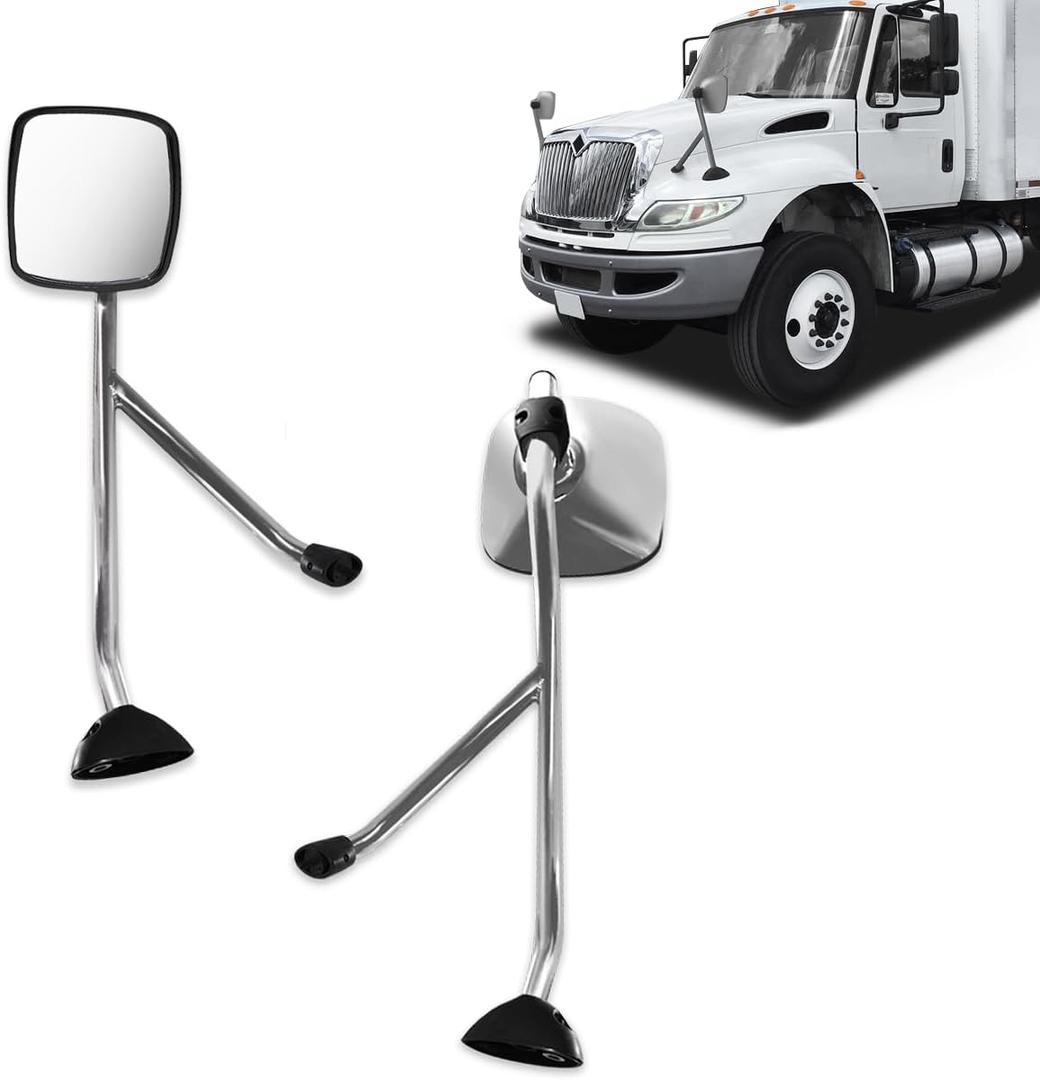 Black Hood Mirror Assembly for International Durastar 4300 Truck Driver Left and Passenger Right Side Pair with Mounting Arm