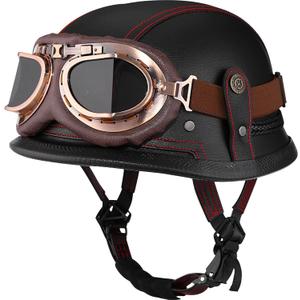 Yesmotor Motorcycle Half Helmet Retro German Handmade Leather Half Face Quick Release Buckle & Goggles - DOT Approved (Black & Red Line, L)
