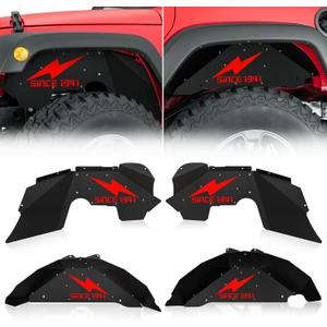 Front & Rear Inner Fender Liners Compatible with 2007-2018 Jeep Wrangler JK & JKU Unlimited Sport Sahara Rubicon, Steel Mud Guards Red Lightning Logo Wheel Well Cover Fenders Flares (2/4 Doors)
