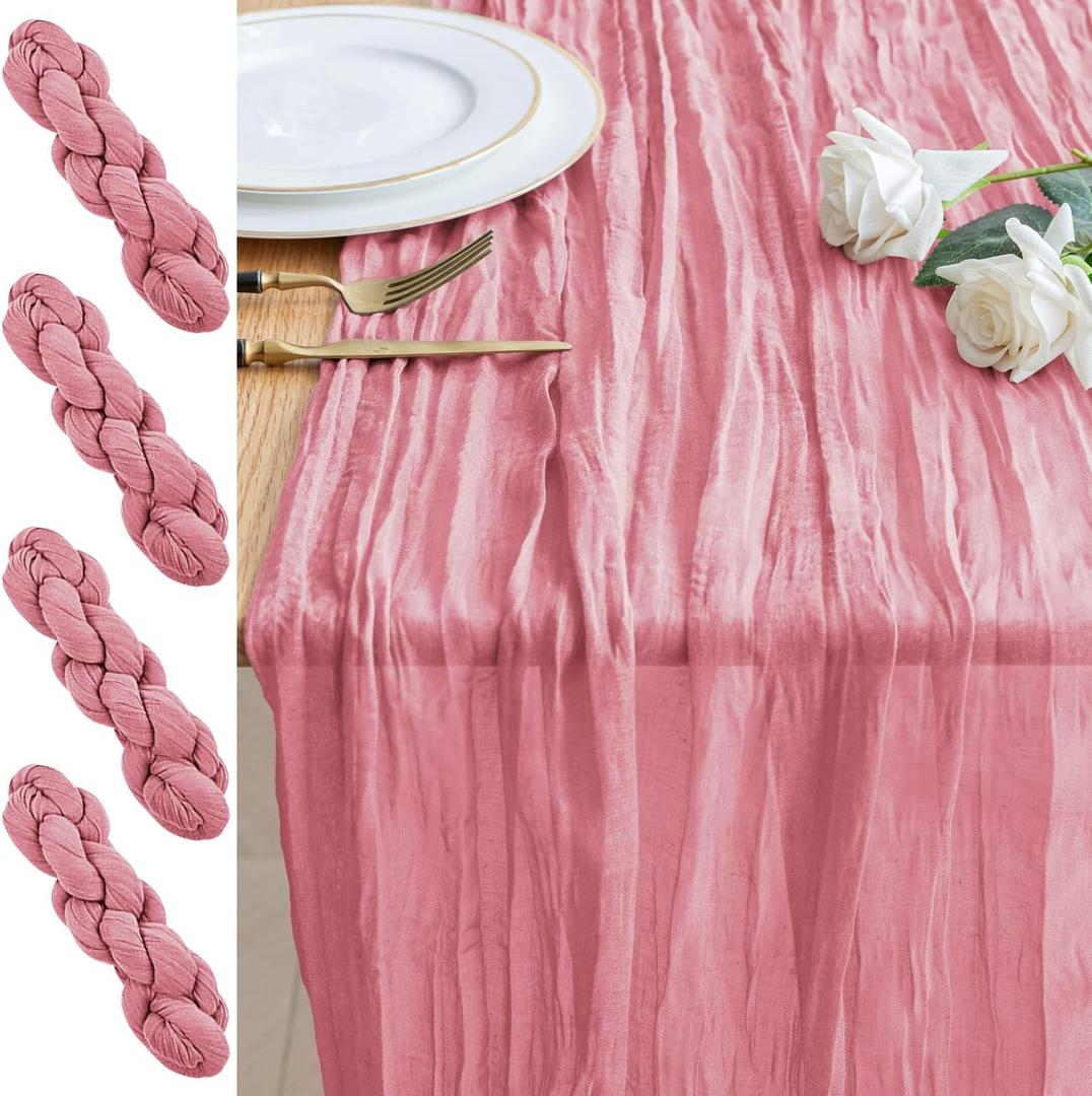 4PCS Table Runner Cheesecloth 10FT Dusty Rose Boho Gauze Cheese Cloth Rustic Sheer Table Runners for Wedding Birthday Bridal Baby Shower Party Decoration