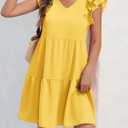 Zwurew Summer Babydoll Dresses for Women 2026 Cute Ruffle Cap Sleeve V-Neck Flowy Swing Mini Dress Sundress (Yellow, Medium)