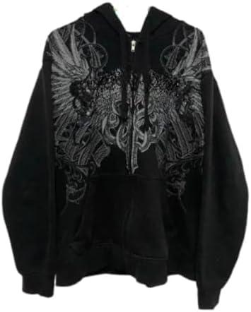 Streetwear Jacket Y2k Grunge Zip Up Hoodie Women Men Oversized Emo Goth 2000s Graphic Hoodie Baggy Sweatshirts (Black, M)