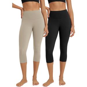 ODODOS 2-Pack High Waist Workout Capris for Women, 19" Tummy Control Athletic Running Cropped Leggings, Black+Taupe, Medium 