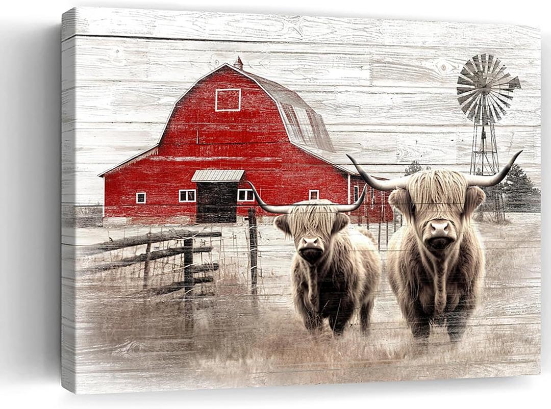 Barn Prints Farmhouse Old Barn Wall Art Red Barn Windmill Highland Cattle Rustic Bedroom Wall Decor Farmhouse Barn Windmills Art For Bathroom Bedroom Living Room Framed Ready To Hang 12x16 Inch (12L" x 16W")