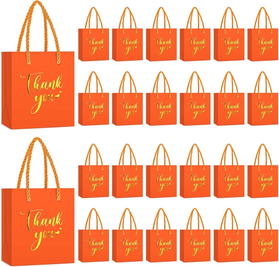 Honoson 60 Pcs Mini Thank You Gift Bag with Handle Bulk 4 x 2.75 x 4.5'' Small Paper Foil Bag for Wedding Gift Wrapping Birthday Party(Orange)