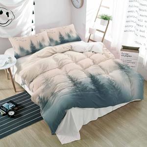 3 Pieces Queen Bedding Duvet Covers Set Summer Foggy Forest Flying Bird Soft Quilt Cover and Pillow Shams, Lightweight Comforter Cover Sets with Zipper Closure for Bedroom Decor Retro Watercolor Tree