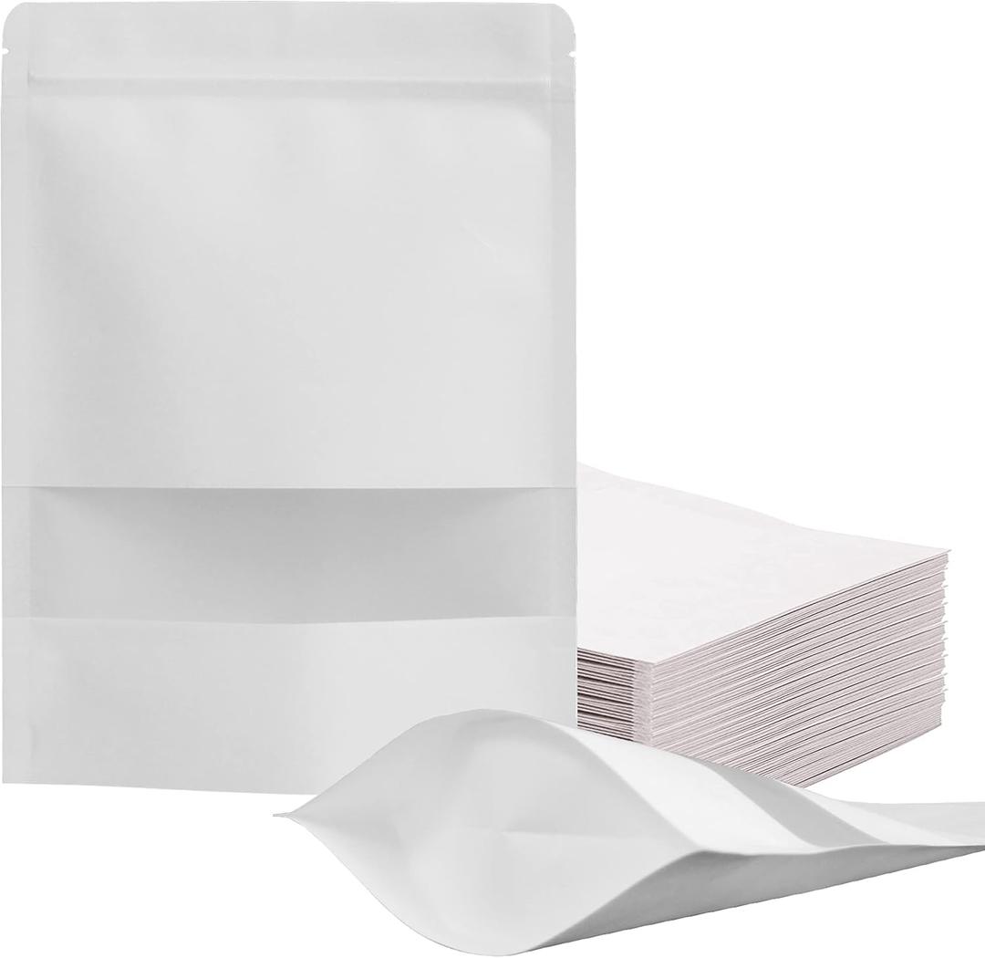 FireKylin 100 Pcs Resealable bags,6.7" x 9.4" Stand Up White Paper Bags with Matte Window, Zipper Food Storage Bags for Packaging Products, Reusable, Sealable