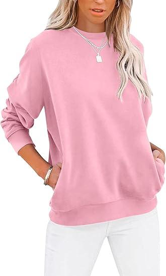TICTICMIMI Women's Casual Long Sleeve Color Block/Solid Tops Crewneck Sweatshirts Cute Loose Fit Pullover with Pockets, Size S
