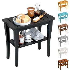Bamboo Shower Bench Stool with Storage Shelf, Waterproof Shower Chair Spa Bath Seat, Shower Stool for Inside, Bathroom Bench Seat for Adults Elderly Seniors for Indoor or Outdoor Use(Black)