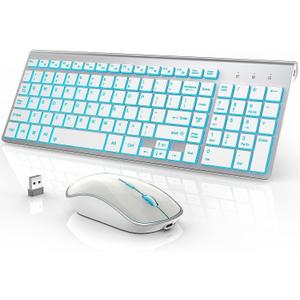 J JOYACCESS Wireless Keyboard and Mouse Combo with 7 Backlit Options,Quiet Light Up Keys,Type-C Rechargeable,Sleep Mode-2.4G Slient Portable Cordless Combo for Laptop/PC/Computer/Mac(White+Sliver)
