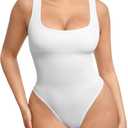 FeelinGirl Tummy Control Bodysuit Square Neck Thong Bodysuits Seamless Backless Ribbed Going Out Tank Tops (Medium-Large, White)