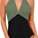 Tempt Me Women One Piece Swimsuits Tummy Control Halter Bathing Suits Sexy Ruched Slimming Swimwear (Small, Black Olive Green)