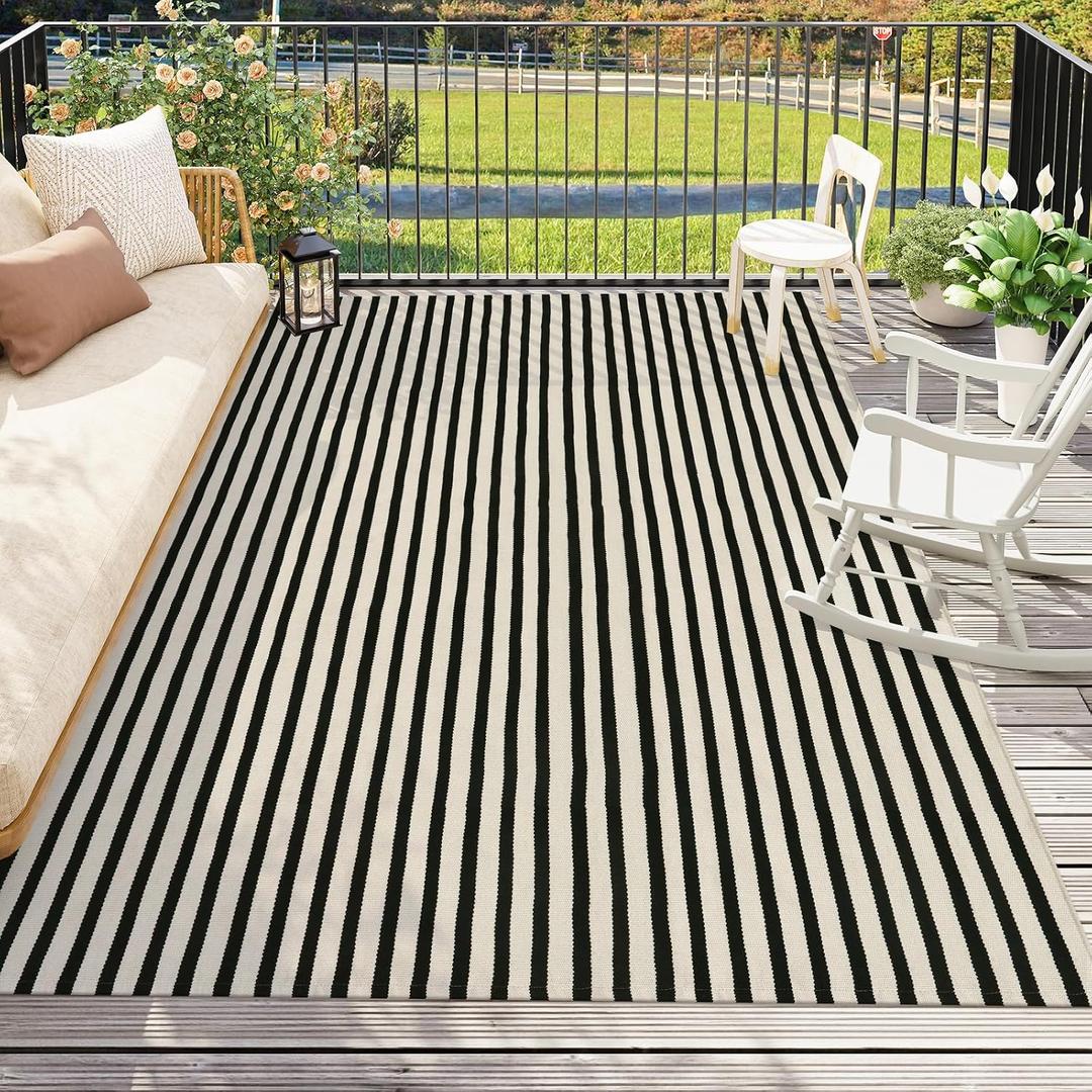 Black and White Indoor Outdoor Rug 5x8 ft, Cotton Striped Layering Rug Woven Large Patios Rug Washable Modern Area Rug Carpet for Farmhouse Bedroom Living Room Balcony Patio Backyard Decor