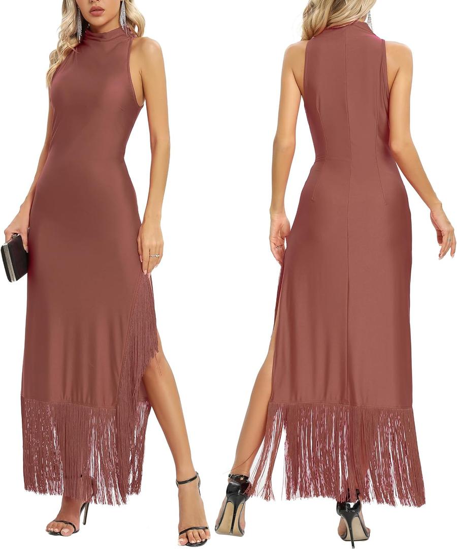 Aigeman Women Vintage Flapper Dresses 1920s Great Gatsby Halter Fringed Maxi Dress Tassels High Split Formal Dress 19(Small,Reddish Brown)