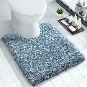 Yimobra Toilet Rugs U Shaped Washable 24"x20", Ultra Soft and Water Absorbent Bath Mats, Non Slip Fluffy Shaggy Luxury Microfiber Contour Bath Rugs for Toilet, Dry Quick, Denim Blue and White
