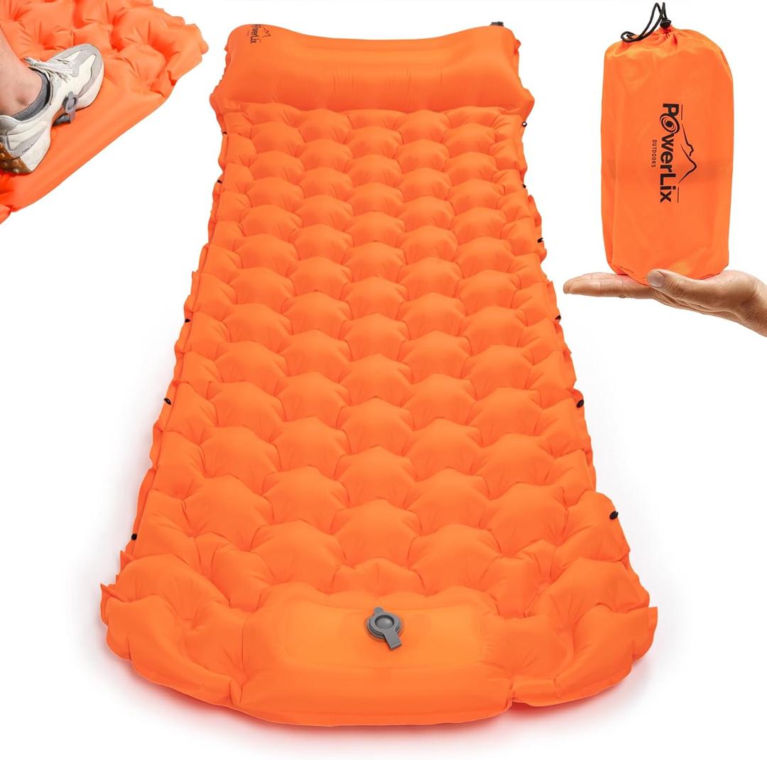 POWERLIX New Upgraded Sleeping Pad for Camping with Built in Pillow and Foot Pump, Carry Bag - Compact Lightweight Camping Mat, Outdoor Backpacking Hiking Travelling Camping Air Mattress Airpad (Single, Orange-mat Bed)