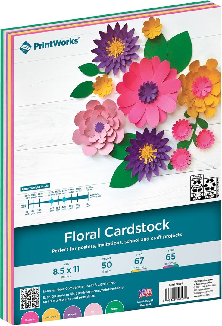 PrintWorks Floral Cardstock Paper 8.5" x 11" - 50 Sheets - 5 Assorted Colors for Flowers - Ideal for School & Craft Projects - 67 lb/147 gsm & 65 lb/176 gsm - Made in the USA (00657)