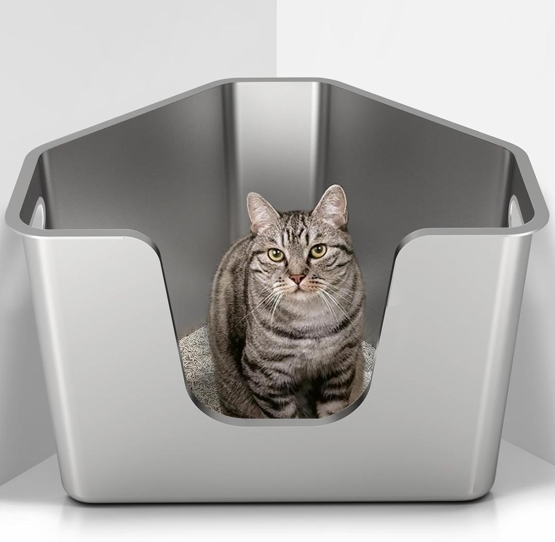 Stainless Steel Corner Cat Litter Box, Metal Litter Box with High Sided, One-piece Corner Cat Toilet, No Assembly Required, Non-Stick, No Odor Kitten Litter Pan, Easy to Clean, for Small Medium Cats