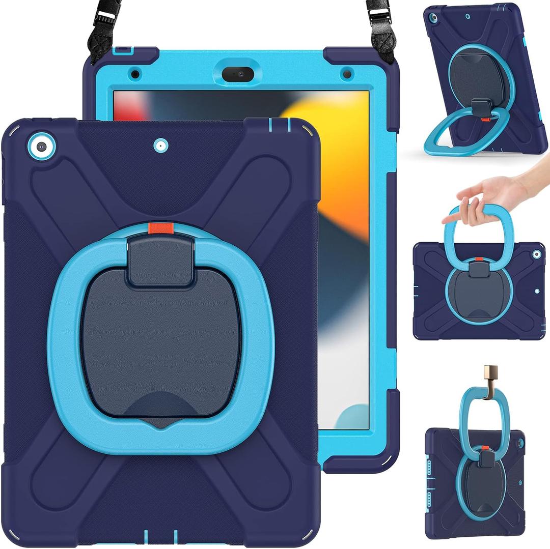 BRAECN for iPad Case 9th/8th/7th Generation,Rugged Kids Friendly Silicon Case with Folding Stand/Handle Grip Pencil Holder Shoulder Strap Screen Protector Pencil Cap Holder for iPad 10.2-Navy Blue