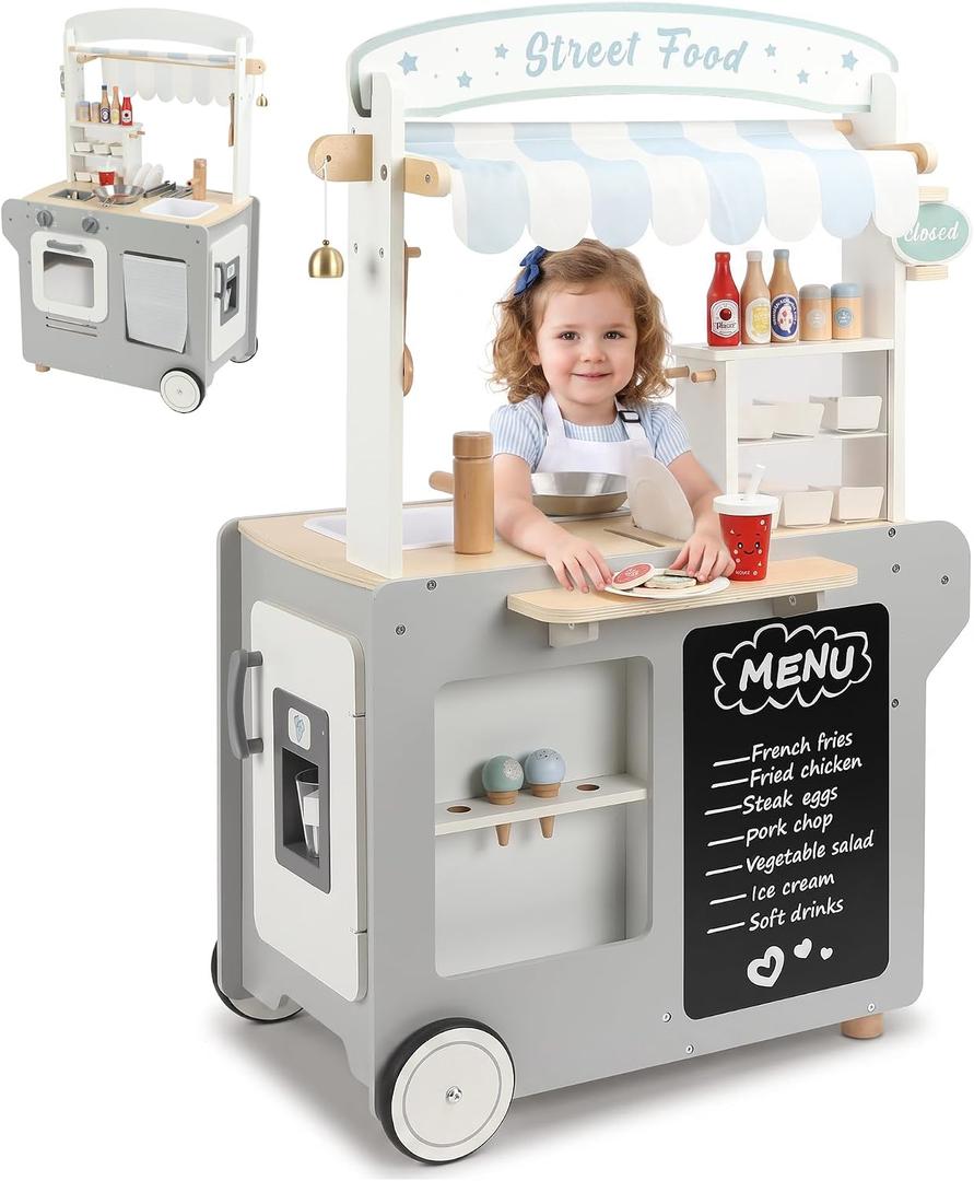 Wooden Food Truck Playset for Kids, Pretend Play Kitchen with Serving Window, Chalkboard Menu, Bell & Role Play Accessories, Imaginative Food Cart Toy for Boys and Girls Ages 3+