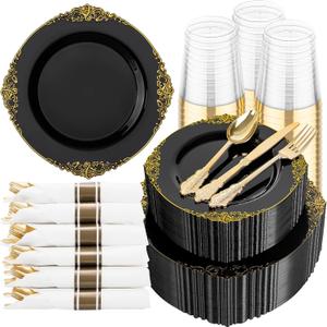 Hioasis 350pcs Black and Gold Plastic Plates - Elegant Diposable Dinnerware Set Suitable for 50 Guests Include 10.25" Dinner & 7.5" Dessert Plates, Pre Rolled Silverware Set, Cups for Party & Wedding