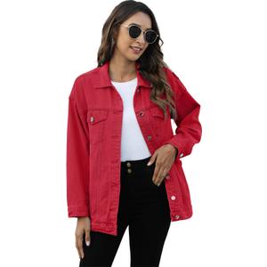 Omoone Women's Oversized Mid Long Denim Jacket Jean Biker Coat (X-Large, Red)