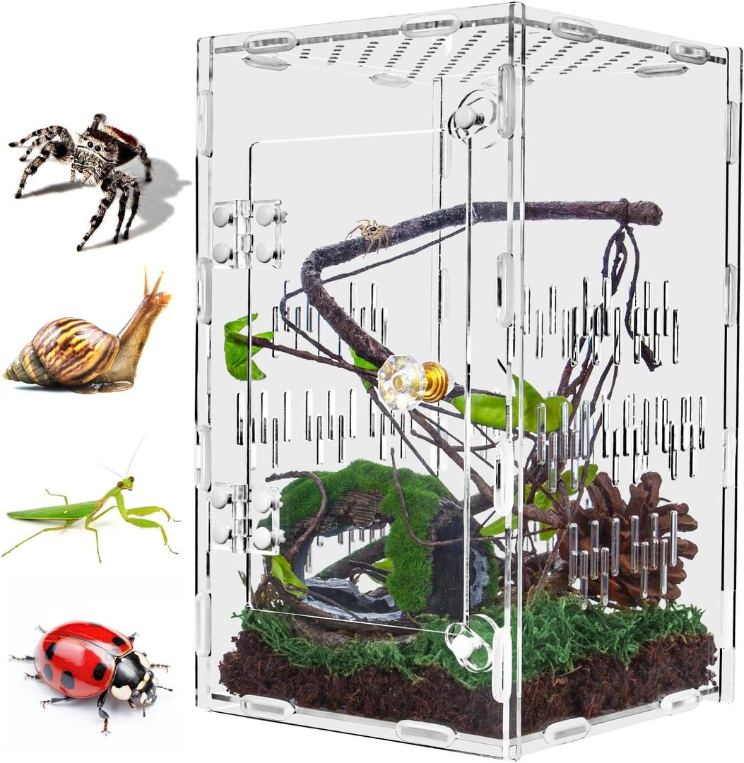 Acrylic Jumping Spider Enclosure, 10"*6"*6" Large Ventilated Reptile Terrarium with Front Opening Door for Tarantula, Insects, Frogs, Praying Mantis, Snails